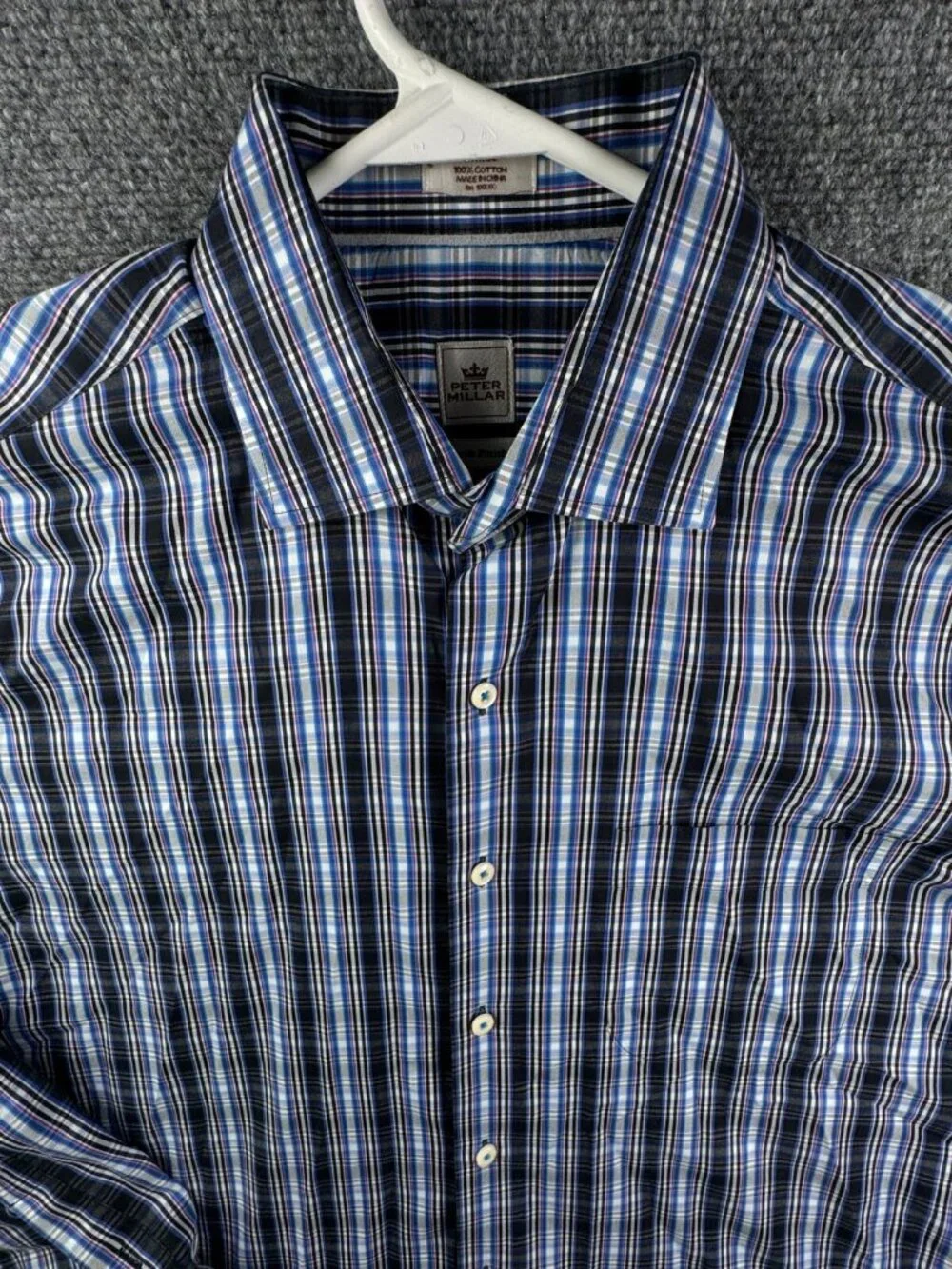 Peter Millar Seaside Finish Long Sleeve Button Up Shirt Plaid Blue Large Cotton